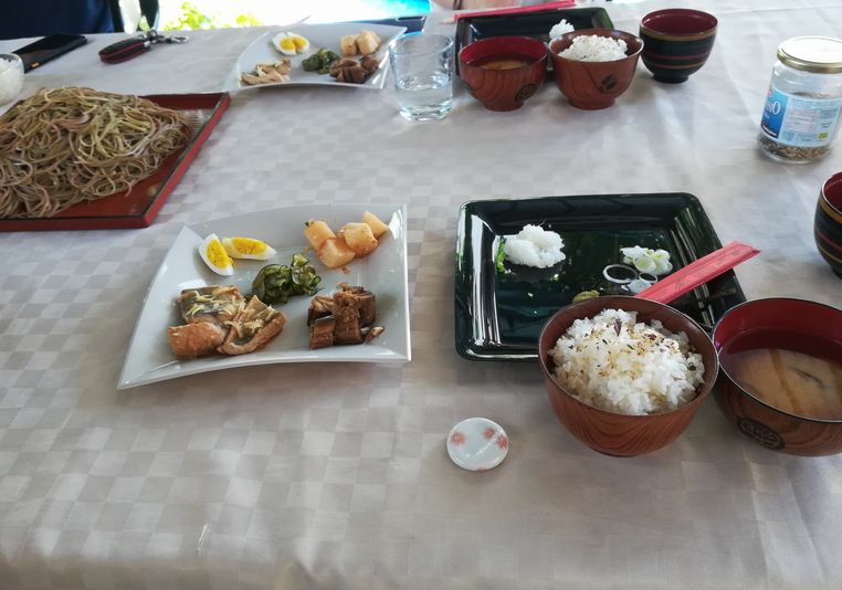 Soba, rice, miso-soup and side dishes