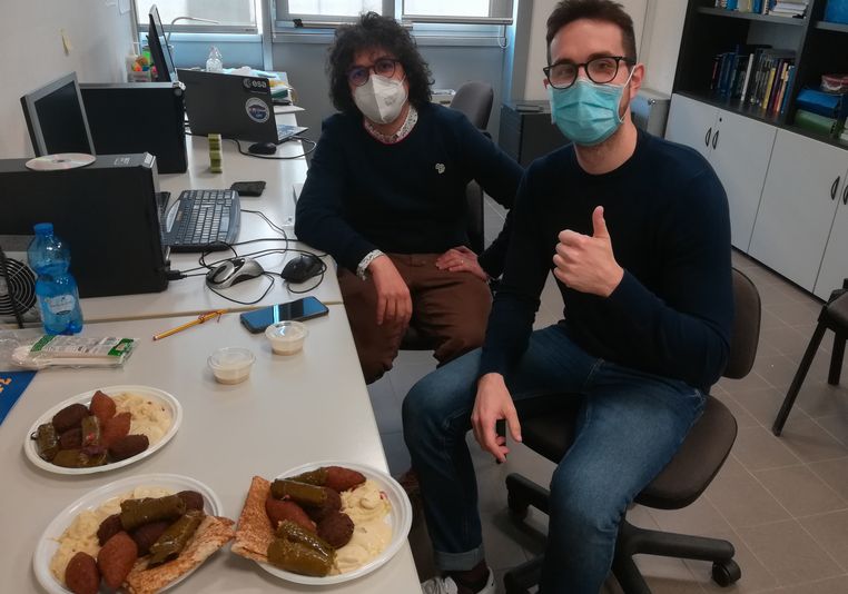 Colleagues with Lebanese food