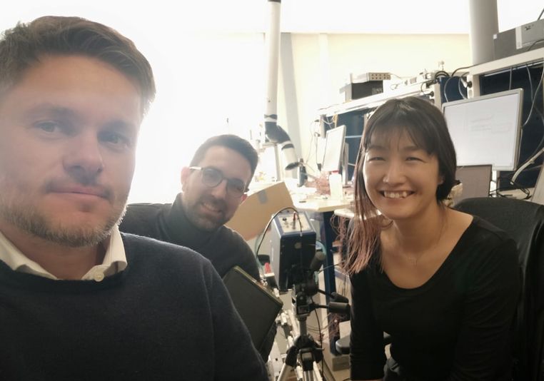 Fabio, Matteo, and Naoko at laboratory of Calyos
